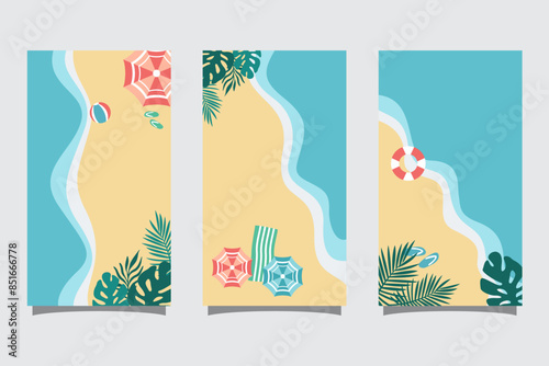 Set of summer travel flyers with beach and wave. Vector illustration in Minimalistic style