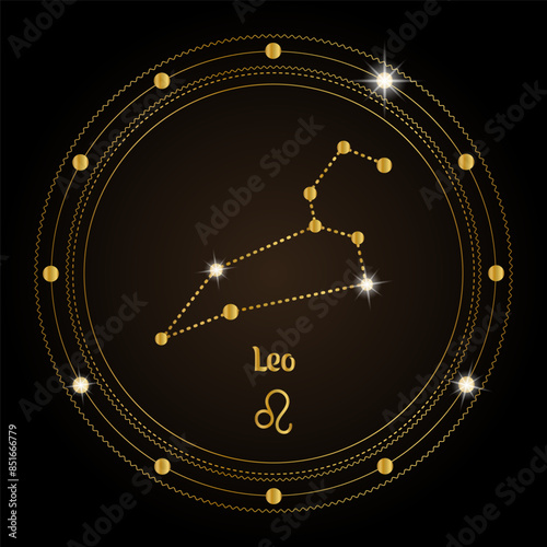 Leo, constellation of the zodiac sign in the cosmic magic circle. Golden design on a dark background. Vector