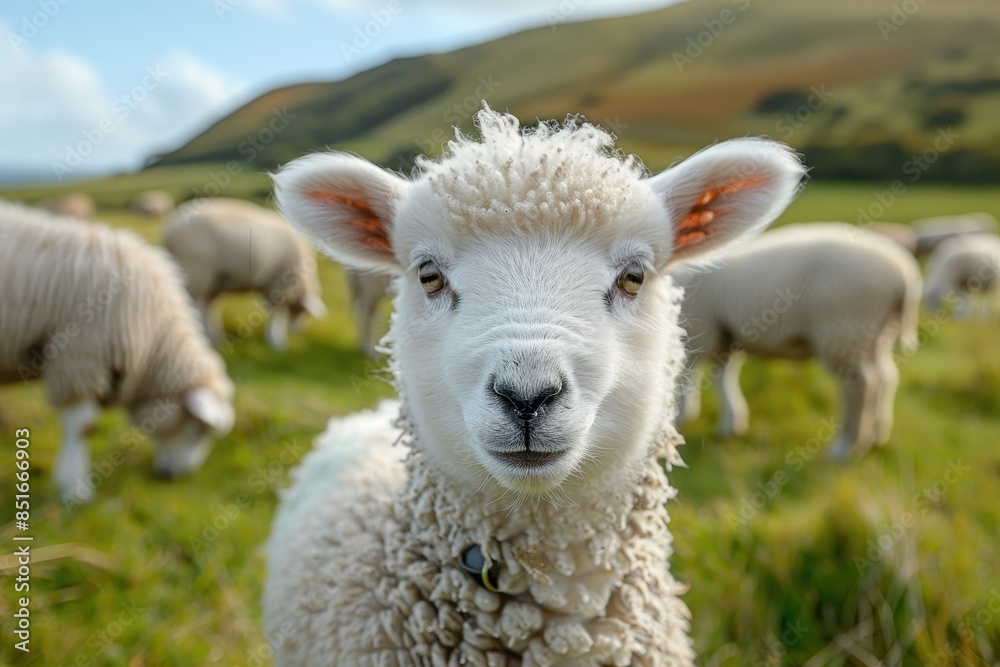 A fluffy white lamb with a small bell around its neck, standing in a green pasture with other sheep grazing in the background A fluffy white lamb with a small bell around its neck, standing in a green pasture with other sheep grazing in the background