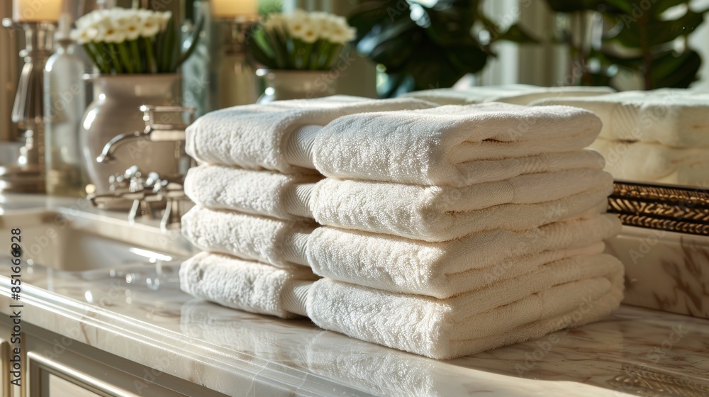 A stack of fresh white towels on a marble bathroom countertop with decorative elements suggesting a sophisticated and welcoming atmosphere