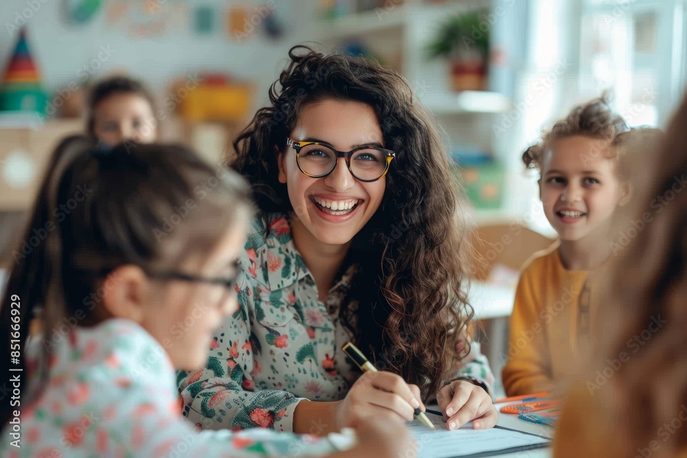 Obraz premium A woman with glasses is smiling at a group of children