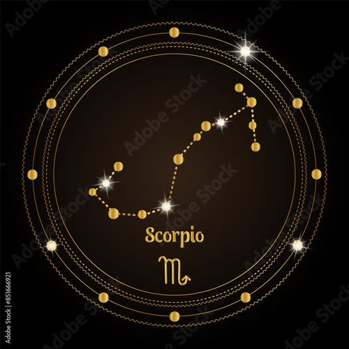 Scorpio, constellation of the zodiac sign in the cosmic magic circle. Golden design on a dark background. Vector