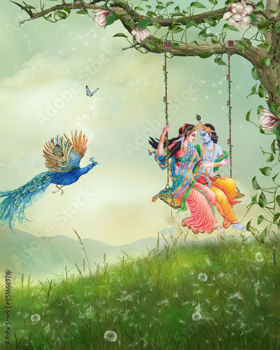 Canvastavla Forest landscape background with Indian god Radha Krishna on swing and flying peacock , interior decoration wallpaper