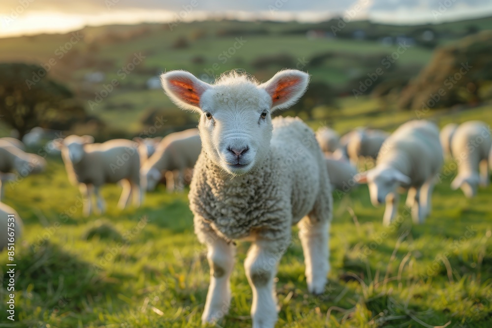 A fluffy white lamb with a small bell around its neck, standing in a green pasture with other sheep grazing in the background