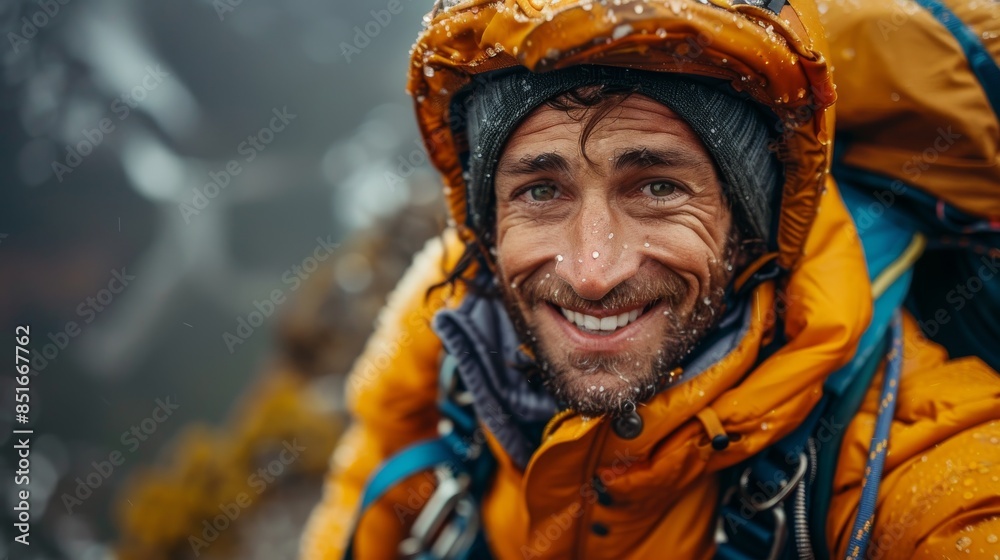 Fototapeta premium A rugged, bearded man in a yellow jacket smiling in a snowy mountain environment