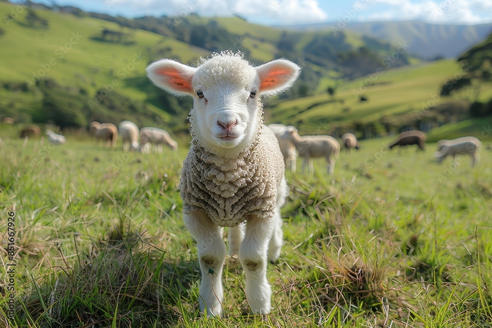 Fototapeta premium A fluffy white lamb with a small bell around its neck, standing in a green pasture with other sheep grazing in the background