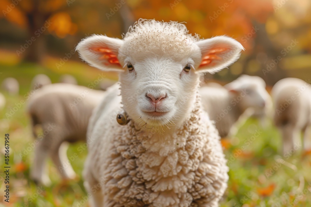 A fluffy white lamb with a small bell around its neck, standing in a green pasture with other sheep grazing in the background A fluffy white lamb with a small bell around its neck, standing in a green pasture with other sheep grazing in the background