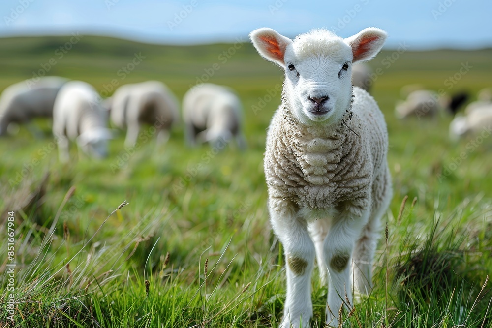 A fluffy white lamb with a small bell around its neck, standing in a green pasture with other sheep grazing in the background A fluffy white lamb with a small bell around its neck, standing in a green pasture with other sheep grazing in the background