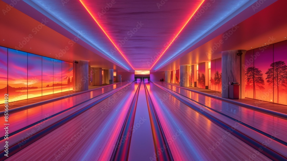 A modern bowling alley with a striking neon light design leading to the pins, creating an immersive gaming atmosphere