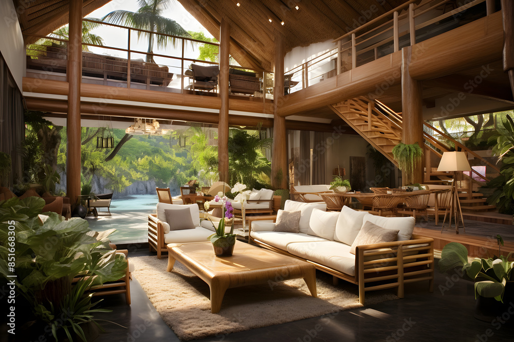 Fototapeta premium natural wood style house interior design at the forrest near the sea, modern way of living naturally interior design