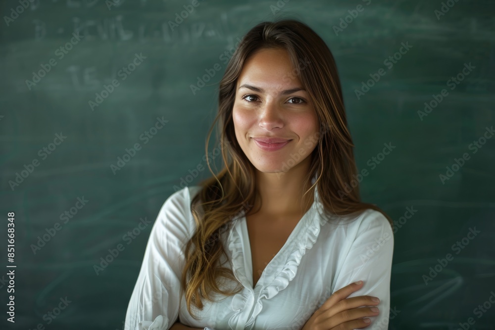 A woman is smiling and standing in front of a chalkboard with equations on it A woman is smiling and standing in front of a chalkboard with equations on it