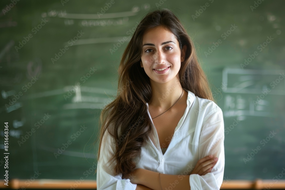 A woman is smiling and standing in front of a chalkboard with equations on it A woman is smiling and standing in front of a chalkboard with equations on it