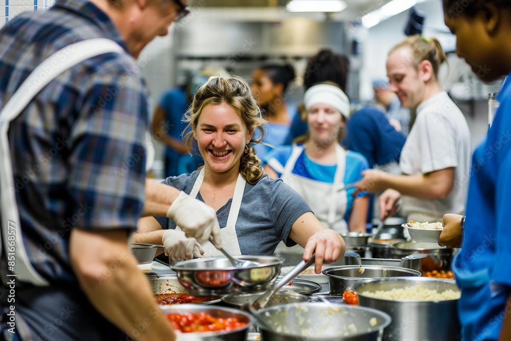 woman cooking and smiling and sharing food to others woman cooking and smiling and sharing food to others