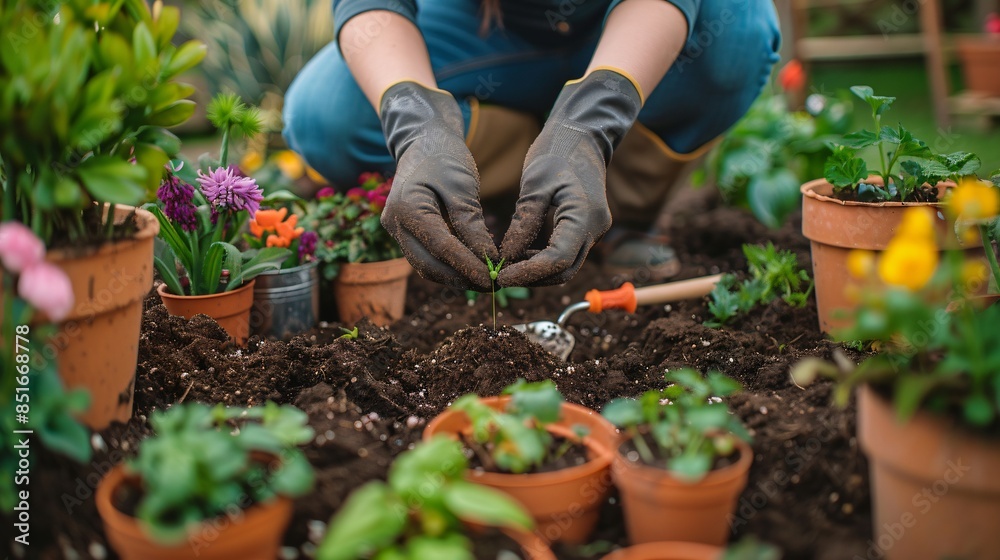 Fototapeta premium A close-up of a person planting seeds in a garden, their hands covered in soil, with a variety of plants and gardening tools nearby