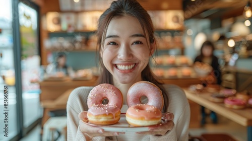 Smiling Japanese woman eating Vivid donuts and holding up in her hands with other donuts on a plate. The background is a blurred cafe interior with natural light. photo