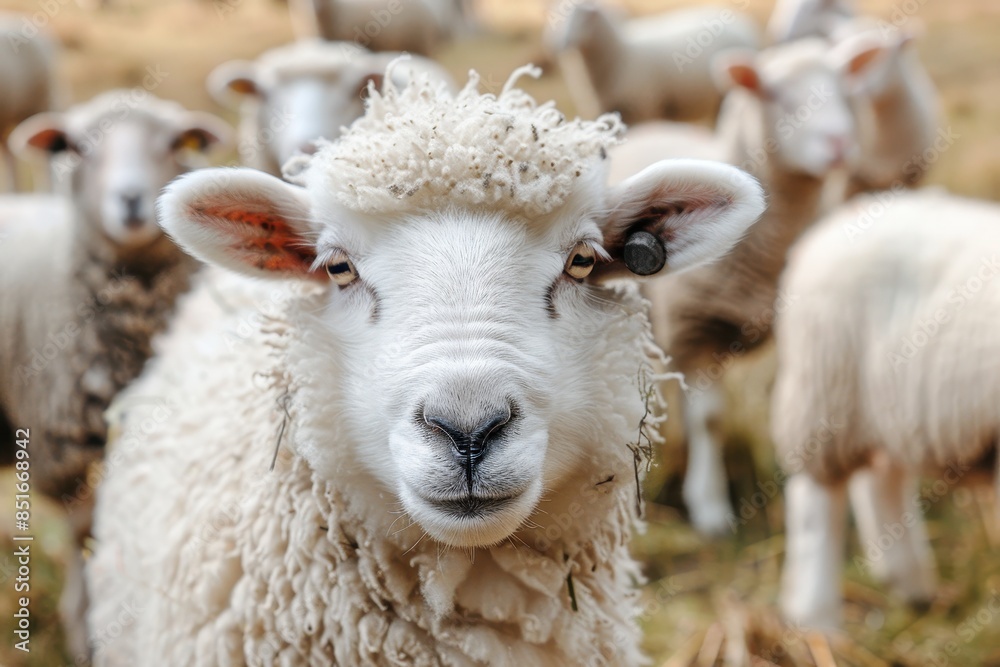A fluffy white lamb with a small bell around its neck, standing in a green pasture with other sheep grazing in the background A fluffy white lamb with a small bell around its neck, standing in a green pasture with other sheep grazing in the background