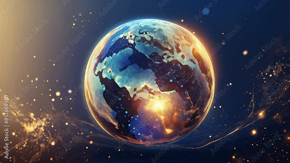 Animation of spinning the transparent globe of Earth planet from blue glowing particulars on blue background