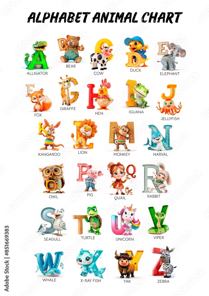 An illustrated alphabet animal chart featuring various animals representing each letter of the alphabet An illustrated alphabet animal chart featuring various animals representing each letter of the alphabet