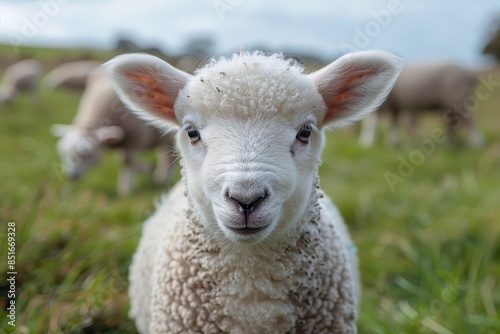 A fluffy white lamb with a small bell around its neck, standing in a green pasture with other sheep grazing in the background