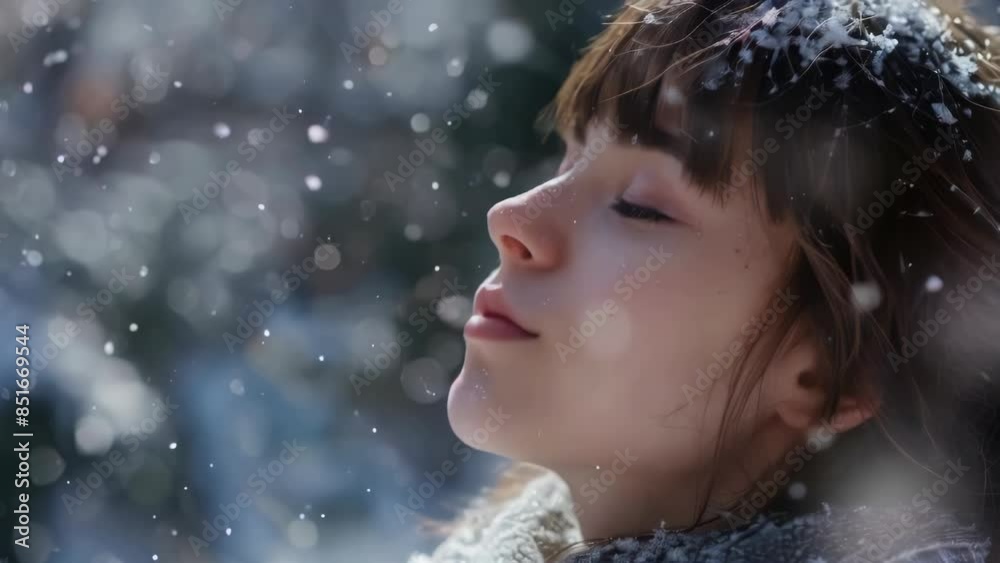 A woman lies down in the snowy landscape with her eyes closed, enjoying the peaceful atmosphere. A woman lies down in the snowy landscape with her eyes closed, enjoying the peaceful atmosphere.