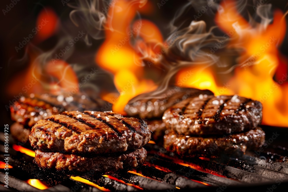 Sizzling barbecue burgers over fiery grill Sizzling barbecue burgers over fiery grill