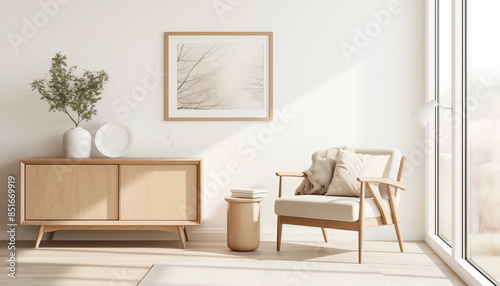 Stylish living room interior with wooden cabinet armchair and decorative accessories