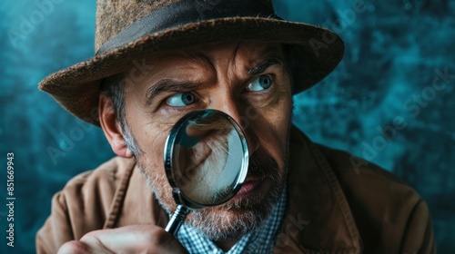 man in trench coat with a magnifying glass investigating photo