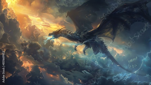A powerful black dragon soars through the stormy sky, its wings beating against the wind. photo
