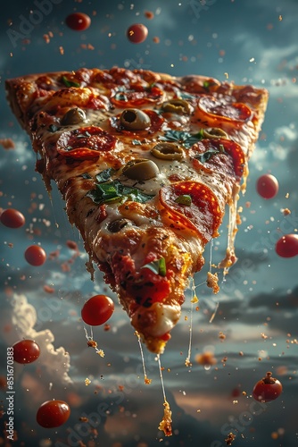 A close-up photograph of a single slice of pizza suspended in mid-air, with melted cheese dripping down. Tomatoes fall around the slice, creating a visually dynamic and mouthwatering scene