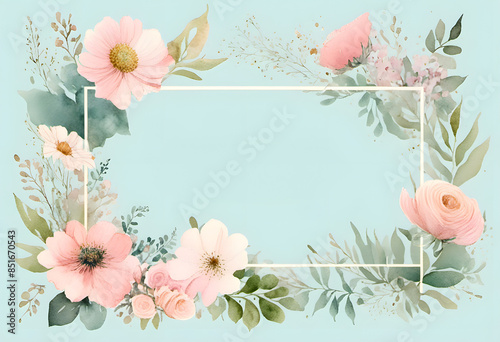 A watercolor floral frame with leaves and flowers surrounding a blank white center. The design is delicate and elegant, suitable for invitations, wedding or greeting cards.