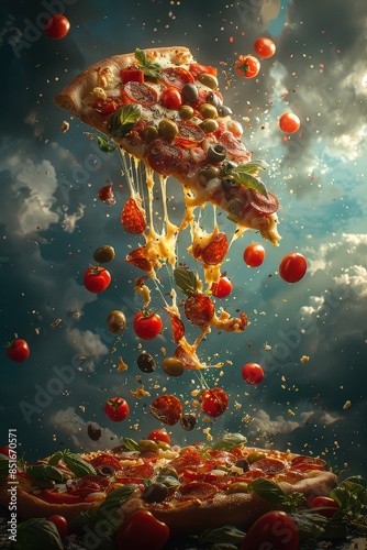 A single slice of pizza with melted cheese falls through the air with pepperoni, olives, and cherry tomatoes flying around it