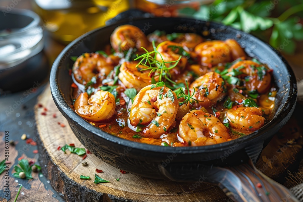 Close-up of delicious shrimp in a skillet. Perfect for culinary websites and food blogs. The vibrant colors and texture make it appetizing. High-quality food photography. Generative AI Close-up of delicious shrimp in a skillet. Perfect for culinary websites and food blogs. The vibrant colors and texture make it appetizing. High-quality food photography. Generative AI