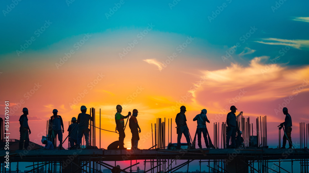 Construction Workers at Sunrise on Building Site Construction Workers at Sunrise on Building Site
