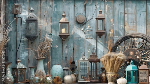 Wallpaper Mural An antique market stall with a rustic wooden backdrop, filled with vintage finds like old lanterns, wrought iron, and handmade crafts Torontodigital.ca
