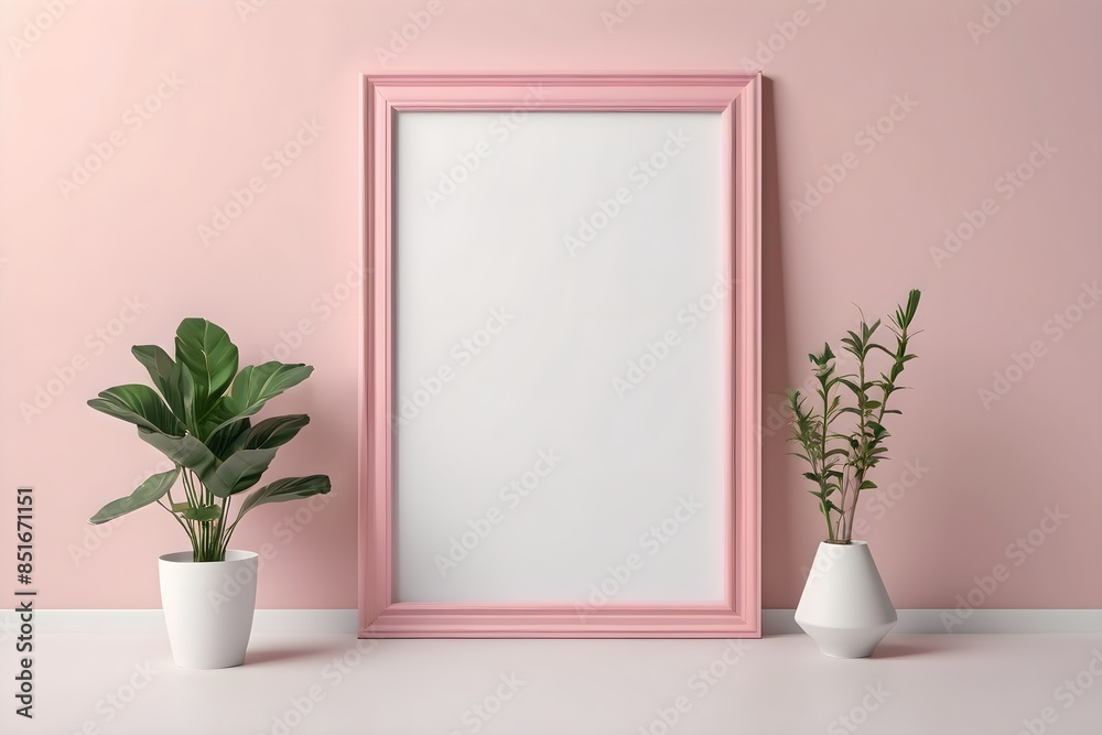 Empty pink picture frame with copy space and green flowers in a vase: elegant wooden border, indoor floral decor, and artistic interior design for home gallery exhibition Empty pink picture frame with copy space and green flowers in a vase: elegant wooden border, indoor floral decor, and artistic interior design for home gallery exhibition