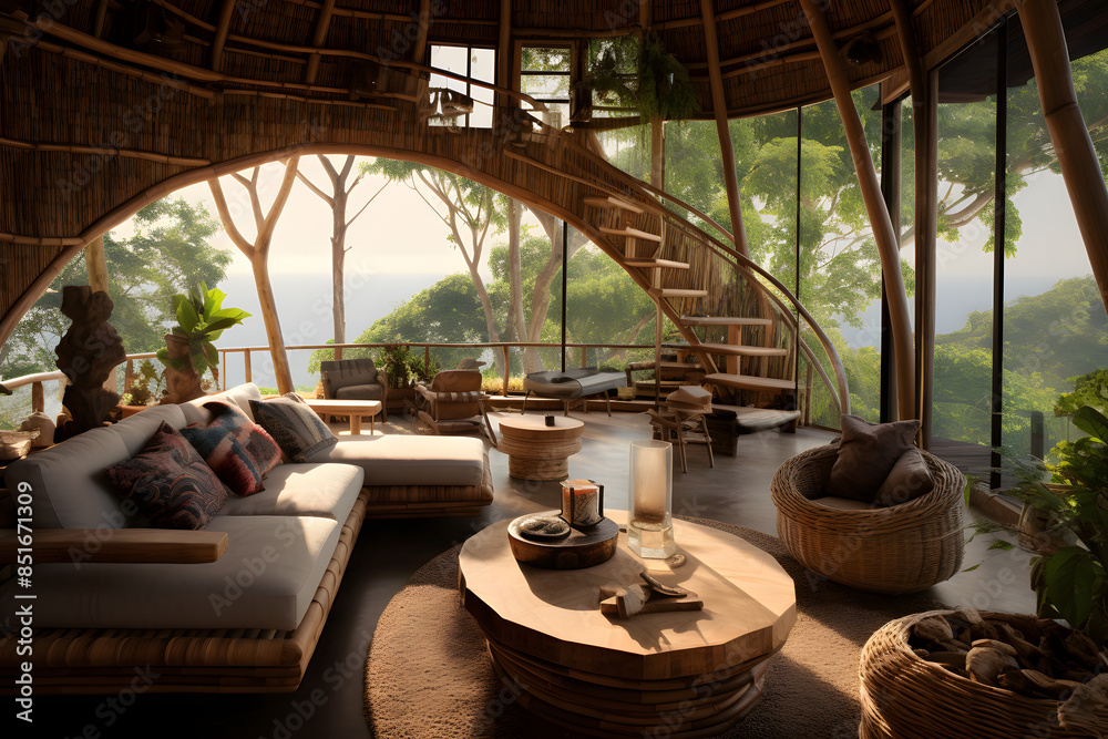 Fototapeta premium natural wood style house interior design at the forrest near the sea, modern way of living naturally interior design