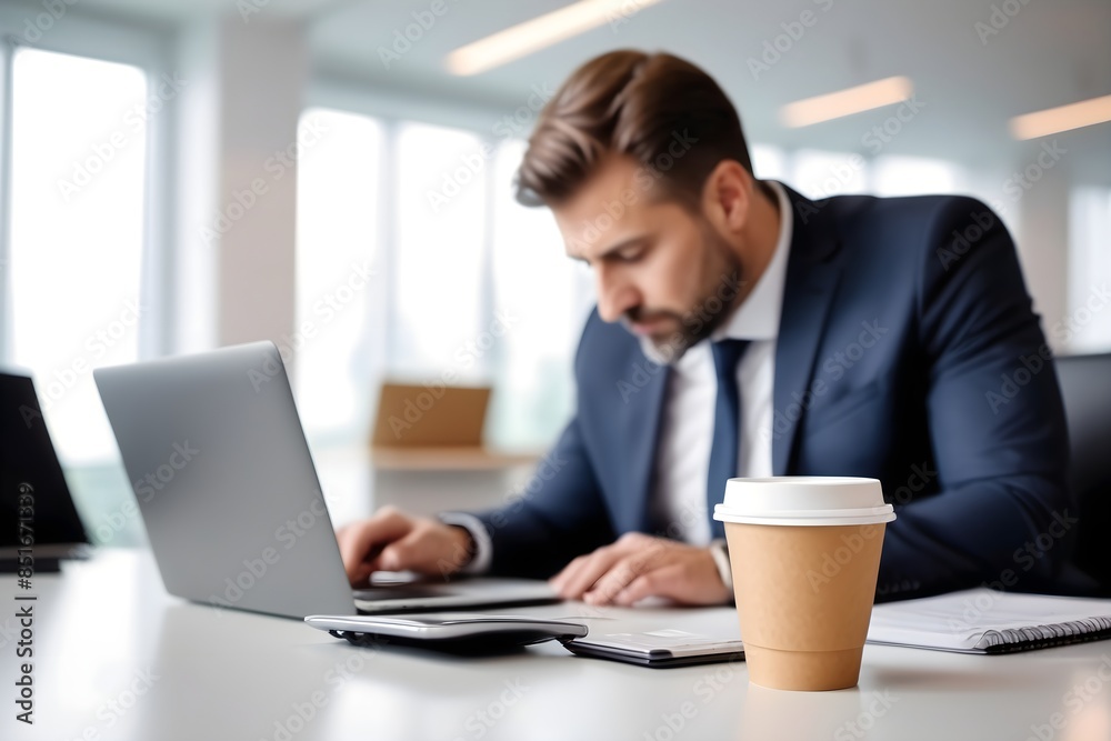 Businessman working on laptop computer in the office, coffee on a first plan. Professional man in a suit at desk, focusing on technology and corporate success.
