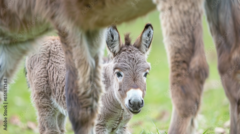 Curious young donkey peeking through farm animals