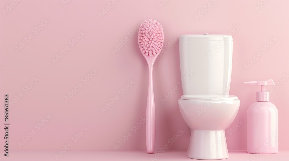 3D Toilet Brush and 3D Toilet Cleaner floating on soft background, Copy space for text on left 3D Toilet Brush and 3D Toilet Cleaner floating on soft background, Copy space for text on left