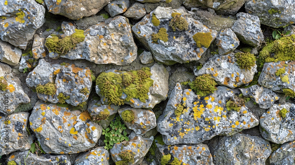 An old stone wall with variously sized stones, covered in patches of moss and lichen, creating a rugged and natural rustic background