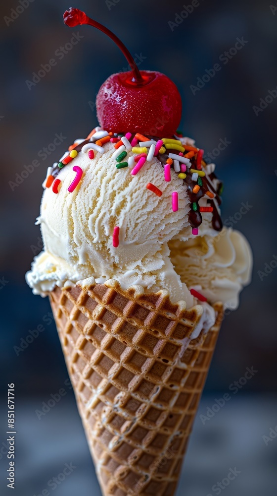 Ice cream cone with vanilla ice cream, cherry topping and colorful sprinkles Ice cream cone with vanilla ice cream, cherry topping and colorful sprinkles