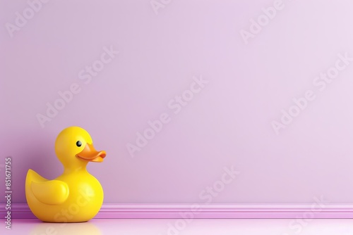 A 3D yellow duck is floating on a purple background, Copy space for text on rigth photo
