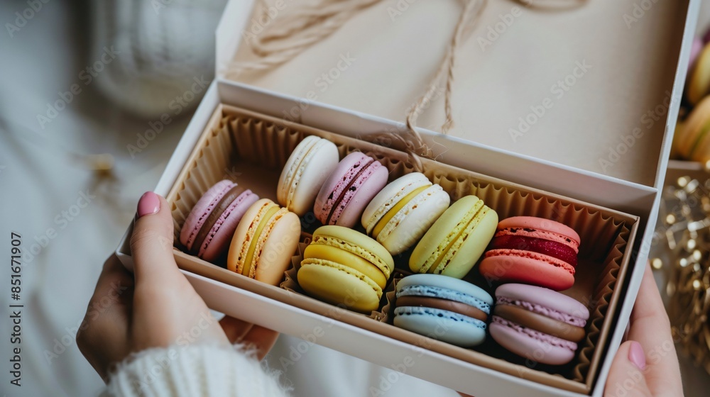 Close up shot of a person holding an open present box full of colorful macarons Close up shot of a person holding an open present box full of colorful macarons