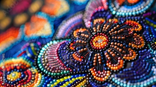 Close-up of vibrant beadwork in intricate floral patterns, showcasing detailed and colorful craftsmanship in handmade art. photo