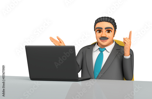 Fat businessman explaining on his laptop