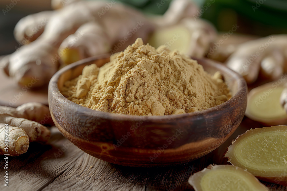 ginger powder in bowl and fresh ginger on wooden table ginger powder in bowl and fresh ginger on wooden table