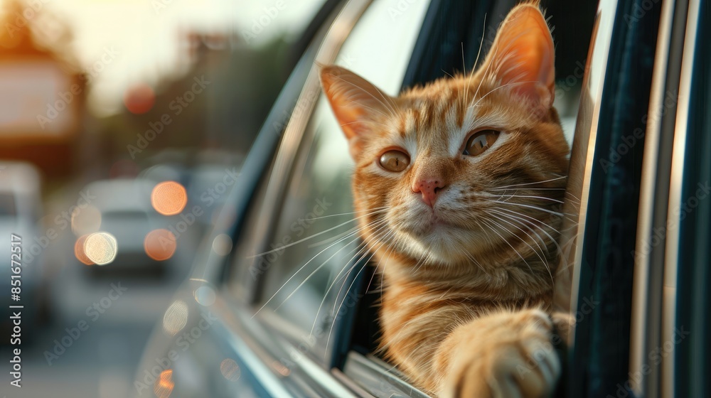 A cat enjoying summer road trip adventure in car, Creative social media and advertising of pets concept A cat enjoying summer road trip adventure in car, Creative social media and advertising of pets concept