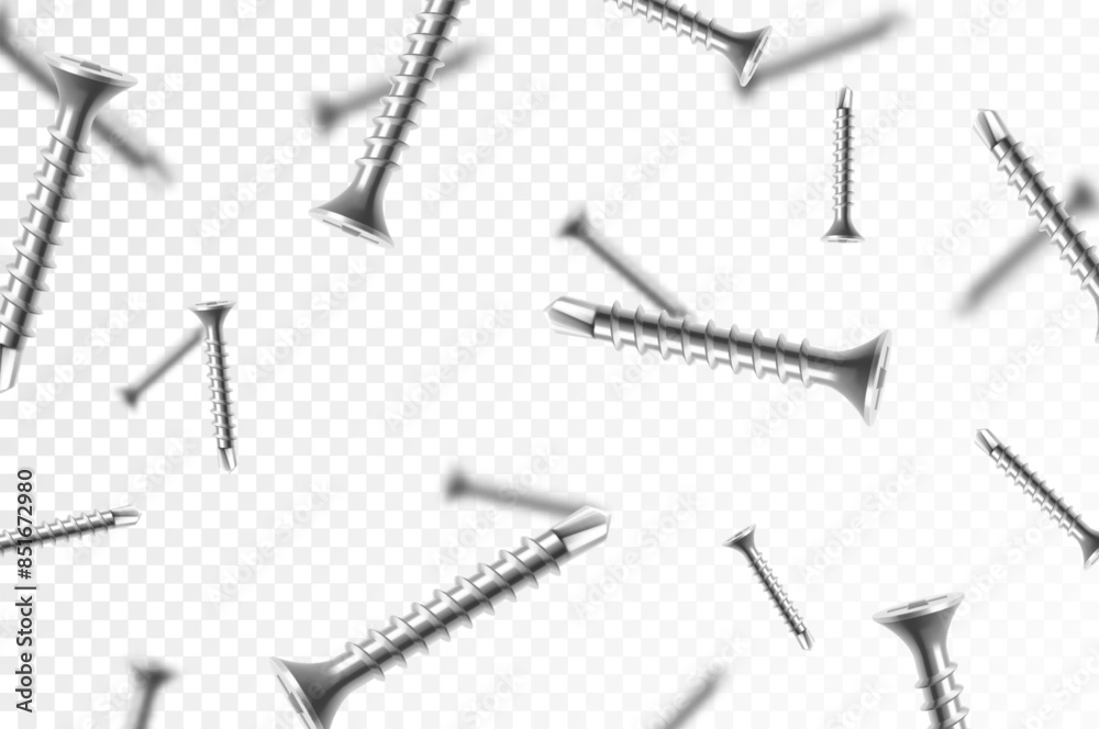 Flying metal screws and bolts, isolated on transparent background. Many silver falling screws. Сonstruction, repair tools. Steel chrome nails, grey instruments minimalist concept. Flying metal screws and bolts, isolated on transparent background. Many silver falling screws. Сonstruction, repair tools. Steel chrome nails, grey instruments minimalist concept.