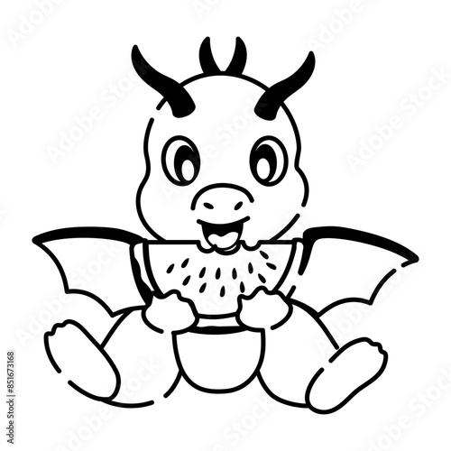 Here is a doodle icon showing dragon eating watermelon 