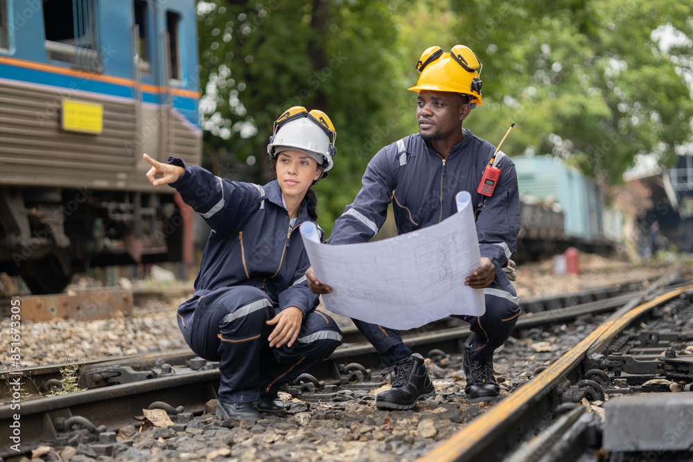 Railway Workers Discussing Plans on Railroad Track Railway Workers Discussing Plans on Railroad Track
